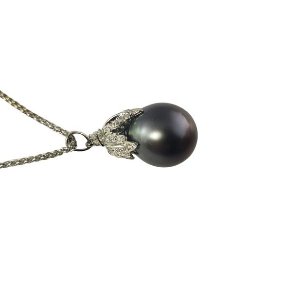 Vintage 18K White Gold Tahitian Pearl Diamond Pendant Necklace JAGi cert. #13701 - Picture 3 of 9